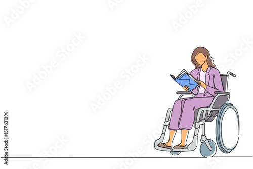 Single one line drawing positive student disabled reads book while sitting in wheelchair. Brave woman studying in college. Rehabilitation of disabled people. Continuous line draw design vector