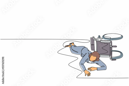 Single one line drawing businesswoman fell off wheelchair sitting on floor. Disabled female patient accident falling down and crawling for help in hospital room. Continuous line design graphic vector