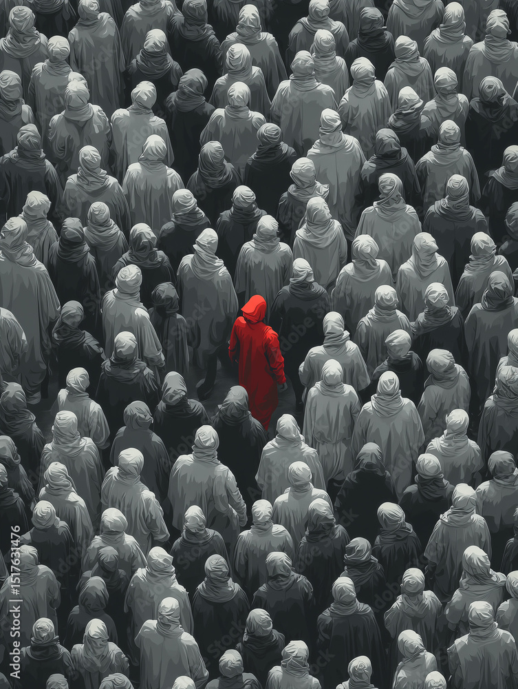 Obraz premium The Individual: Red Figure Stands Apart in Anonymous Crowd