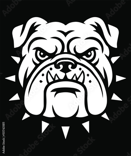 Aggressive Bulldog Head with Spiked Collar in Black and White Vector