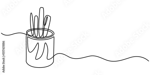 pen holder continuous one line drawing minimalism design, Continuous one line drawing of Stationery container with pencil and pens. Single line drawing illustration of Pencil holder. School equipment.