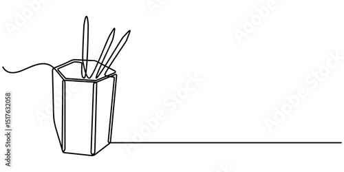 pen holder continuous one line drawing minimalism design, Continuous one line drawing of Stationery container with pencil and pens. Single line drawing illustration of Pencil holder. School equipment.