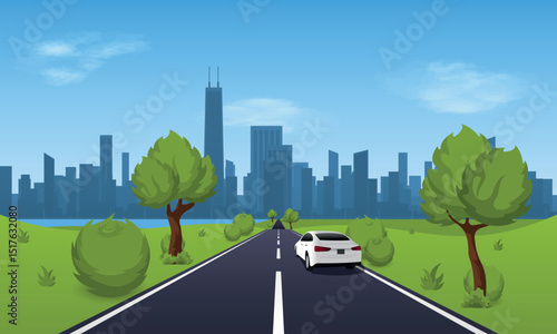 Skyline on the horizon, suburban area and car on the road vector illustration.