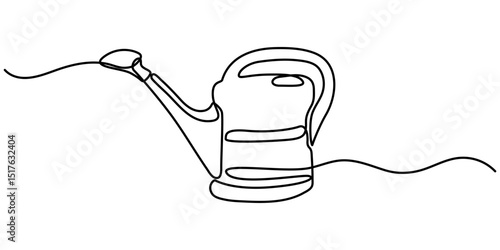 Watering can, drawn with continuous line in minimalism, abstract, concept of garden, watering plants, gardening tools, water vessel, one line, editable vector contour.                                 
