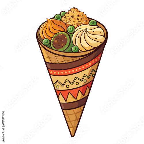 A crispy pani puri cone overflowing with vibrant, tangy water and flavorful potato masala filling.  Close-up shot emphasizing texture and appetizing colors.