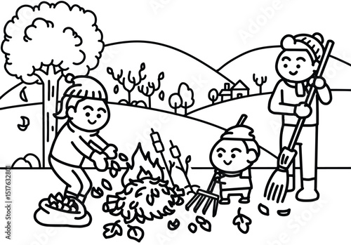 A family is raking leaves in the garden in autumn 