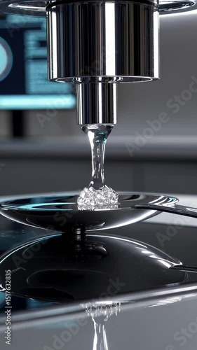 Wallpaper Mural Vertical screen, viscous transparent liquid dripping from metallic nozzle, creating dome shaped structure on plate near digital data screen in scientific laboratory setting Torontodigital.ca