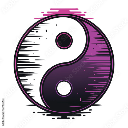 Generate a surreal, digitally manipulated image of a corrupted Yin Yang symbol exhibiting vibrant color shifts and glitches, incorporating a prominent 'p' glyph.