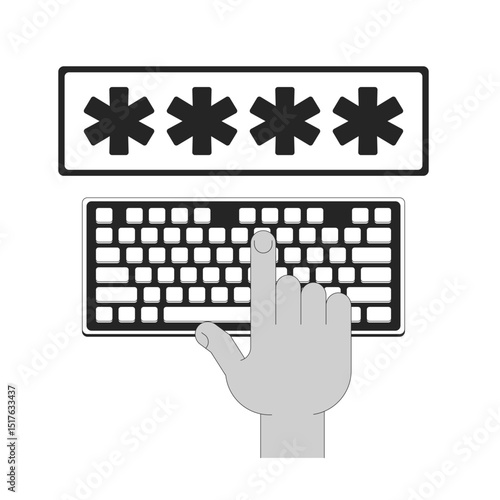 Password entry on keyboard outline illustration. User authentication. Hand pressing key on computer keyboard, typing four asterisks isolated 2D vector image black and white. Linear drawing clip art
