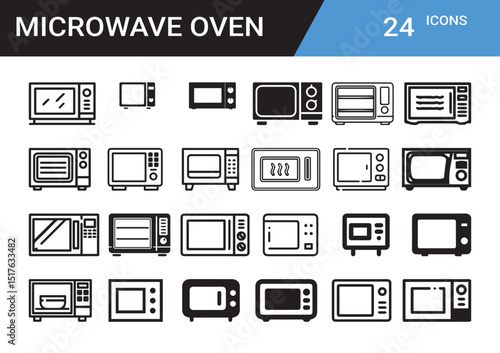 Microwave Oven Icons: A comprehensive collection of minimalist icons showcasing various designs of a microwave oven, perfect for design and technology projects.