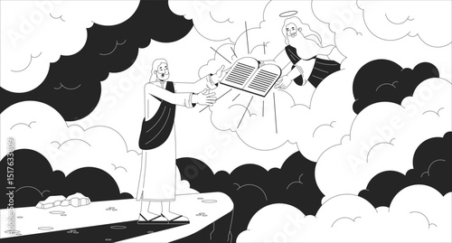 God giving Moses ten commandments line illustration. Biblical law. Old testament. Hebrew prophet receiving stone tablets 2D ink linear bible characters monochrome. Flat outline vector image