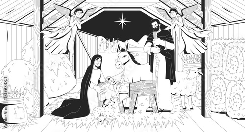 Jesus Christ birth nativity line illustration. Bible story. Stable with holy baby in manger, Mary, Joseph under Bethlehem star 2D ink linear bible characters monochrome. Flat outline vector image