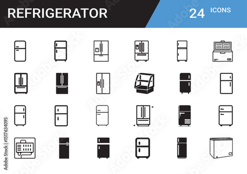 Fridge Icon Collection: A diverse set of refrigerator icons in various styles, perfect for illustrating home appliances, kitchen design, and more.