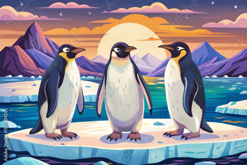 Vector illustration of Antarctic penguins standing on icy terrain, surrounded by vast frozen landscape under a cold blue sky, minimal and clean