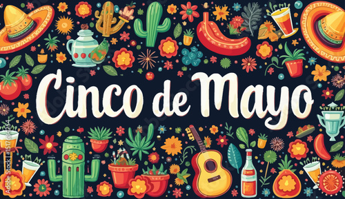 Colorful Cinco de Mayo Celebration Illustration with Sombreros, Cacti, and Festive Decorations.