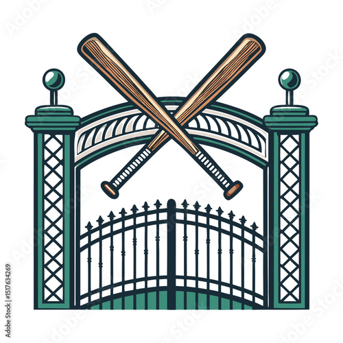 Bilde på lerret Create a striking emblem featuring a crossed baseball bat design subtly layered behind a vintage ballpark gate