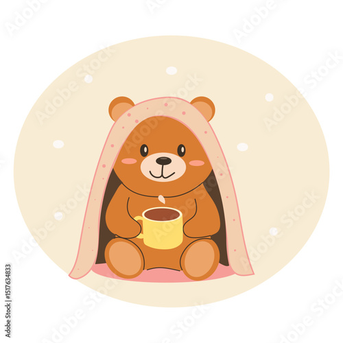 Teddy bear sitting under the blanket with a cup of kakao, illustration, flat vector minimalistic style