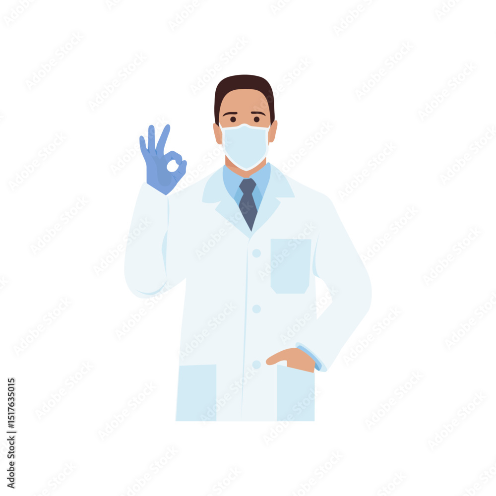 A male doctor wearing mask, standing with their right hand raised, as if to say 'Everything is okay, everysing is fine.' A male doctor wearing mask, standing with their right hand raised, as if to say 'Everything is okay, everysing is fine.'