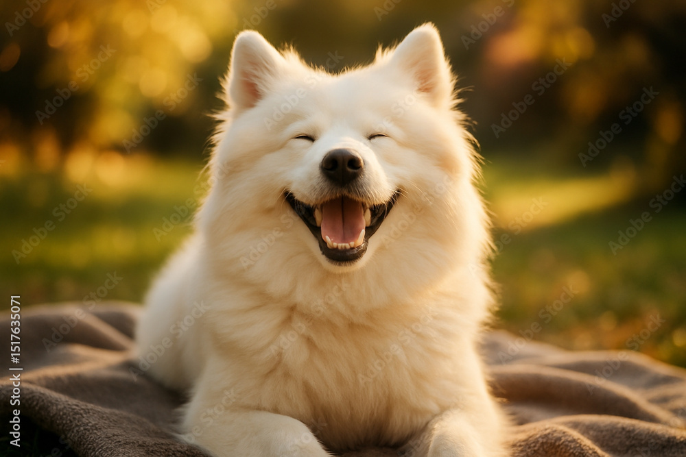 Fototapeta premium Joyful Fluffy White Dog Smiling in Warm Sunlight