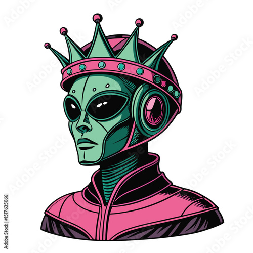 Render a futuristic cybernetic alien with a glitching holographic face, showcasing intricate mechanical details and vibrant neon color accents.