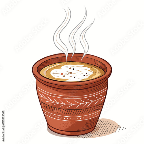 A steaming cup of Masala Chai in a traditional clay kulhad, showing rich color and texture.  Detailed depiction of steam rising.