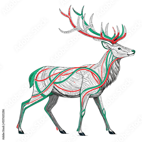 A majestic cybernetic deer, its antlers intricately woven from glowing fiber optic cables, stands in a dark forest clearing.