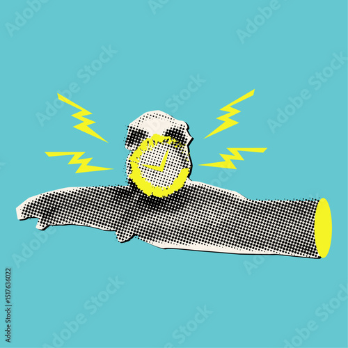  Halftone hands holding alarm clocks,trendy collage element,cut out elements from paper