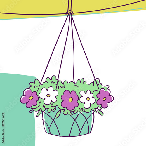 Colorful hanging flower pot with purple and white blooms  