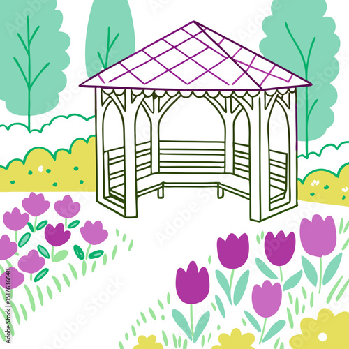 Colorful gazebo in garden surrounded by blooming flowers and trees  