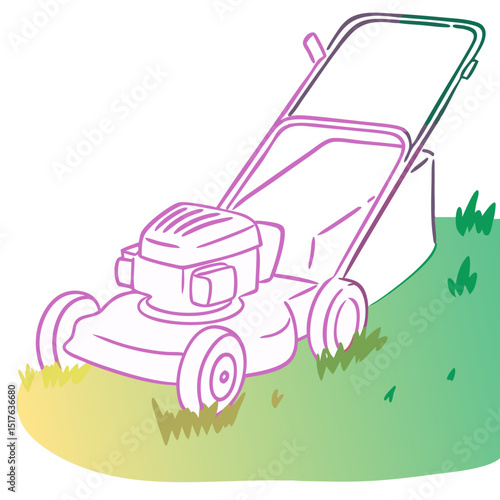 Lawn mower illustration on green grass in minimalist style  