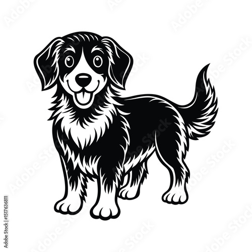 Adorable black and white border collie dog illustration smiling happily with fur details