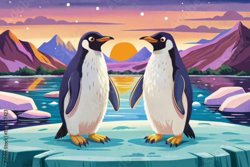 Vector illustration of Antarctic penguins standing on icy terrain, surrounded by vast frozen landscape under a cold blue sky, minimal and clean