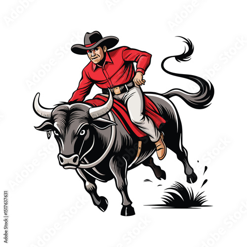 Cowboy riding a raging bull vector illustration depicting western rodeo action