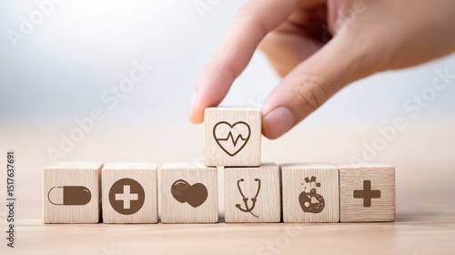 A hand reaches out to grasp a wooden cube marked with a heart monitor icon, surrounded by other health-related cubes. This moment captures the essence of medical awareness and wellness
