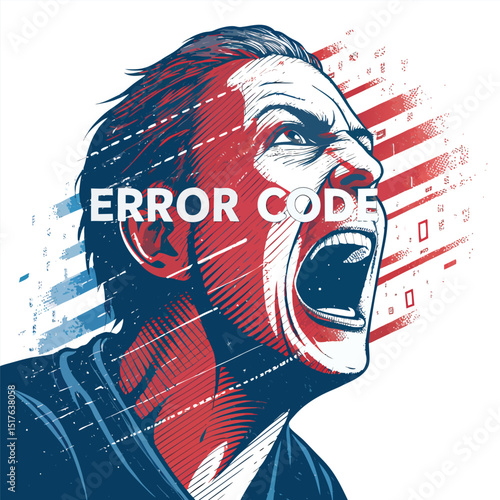 A distorted, screaming face engulfed by a cascade of digital error codes, glitches, and binary data; vibrant, chaotic, and unsettling.