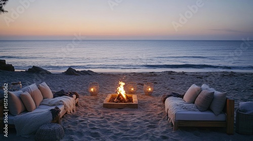 A private beach gathering with a small bonfire, comfortable seating, and soft music in the background