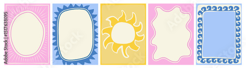 Set of colorful frames with wavy edges. Ornaments, patterns. Doodle, cute retro borders. Design for card, invitation, cover, packaging. La dolce vita style. Sticker. Quote box. Logo. 