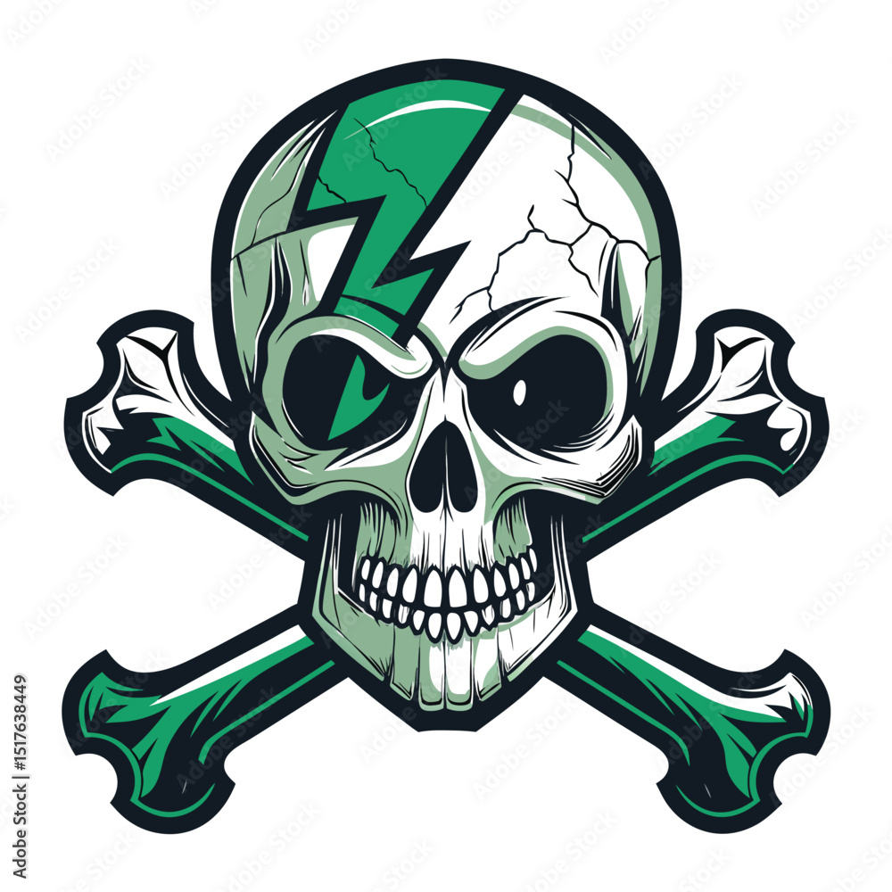 Fototapeta premium Render a digital skull and crossbones, its surfaces fractured and exhibiting a visually arresting, fragmented aesthetic. Focus on sharp details and high contrast.