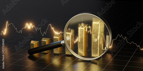 Vászonkép Gold Market Analysis with Magnifying Glass