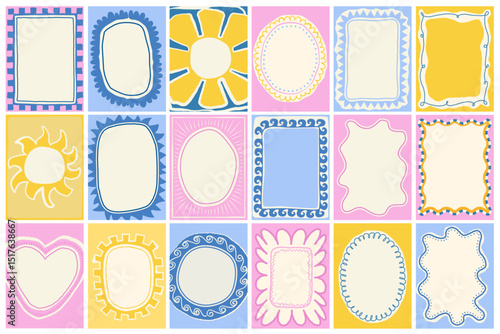 Set of colorful frames with wavy edges. Ornaments, patterns. Doodle, cute retro borders. Design for card, invitation, cover, packaging. La dolce vita style. Sticker. Quote box. Logo. 