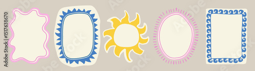 Set of colorful frames with wavy edges. Ornaments, patterns. Doodle, cute retro borders. Design for card, invitation, cover, packaging. La dolce vita style. Sticker. Quote box. Logo. 