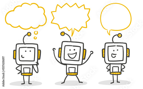 Stick Figure / Strichmännchen / Strichfiguren Robot: Roboter, KI, AI, Chatbot, LLM, Prompt, Sprechblasen, Gedankenblase, Stimme, sprechen, reden, unterhalten (Nr. 14)