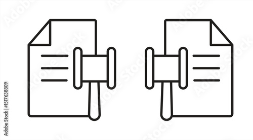 
Legal document icon, outline sign symbol, with hammer representing law and justice concept, eps 10 on white background, vector illustration.