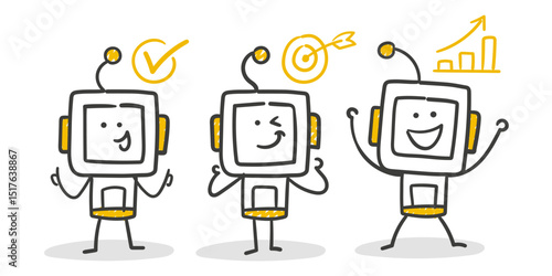 Stick Figure / Strichmännchen / Strichfiguren Robot: Roboter, Prozess, Brainstorming, Häkchen, Zielscheibe, Wachstum, Erfolg (Nr. 12)