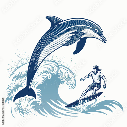 A playful dolphin executing a graceful backflip over a surfer riding a wave, creating a spectacular splash.  High-resolution, vibrant colors.