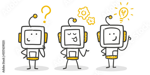 Stick Figure / Strichmännchen / Strichfiguren Robot: Roboter, lernen, Prozess, Brainstorming, Fragezeichen, Idee, Zahnrad (Nr. 11)