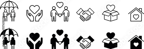 Bold vector icon collection depicting humanitarian help, charity actions, family support, shelter, donation, and protection themes with a combination of outline and filled 