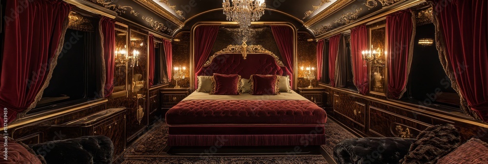 Obraz premium Luxurious bedroom interior with red velvet curtains and a large bed.