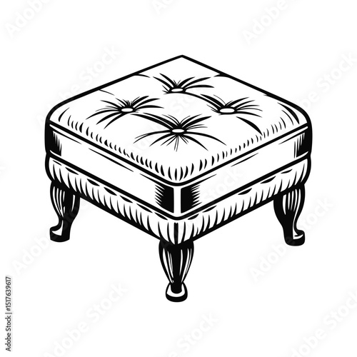 Elegant antique footstool illustration in black and white isometric view isolated on white background
