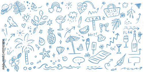 hand drawn arrows and Summer vacation doodle illustration set. Beach and sea travel elements. Hand drawn palm tree, fruit, lobster, seafood, shell, bikini, cocktail. Coastal collection for card, print
